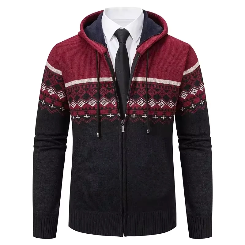 New Men's Winter Thickened Knit Cardigan Fashion Jacquard Hooded Knitwear Sweater Jackets Man Casual Business Warm Sweater Coats