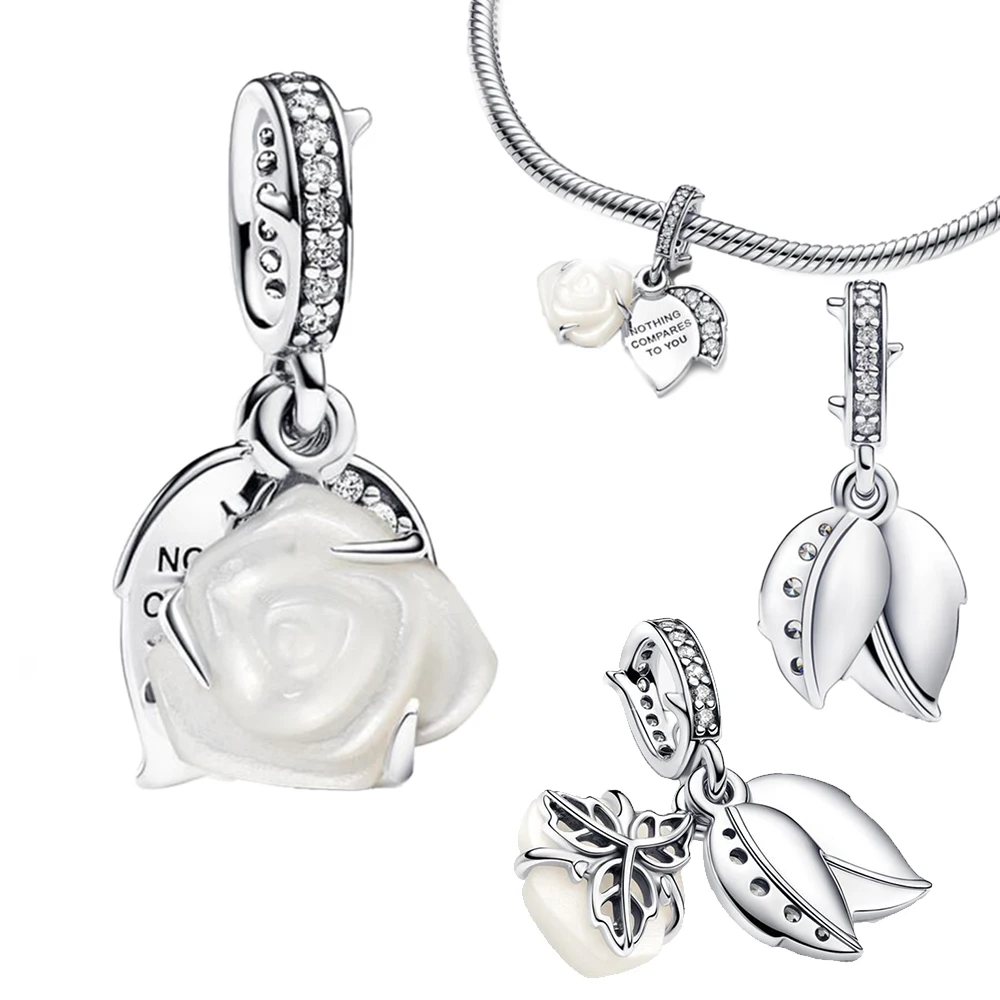 925 Sterling Silver White Rose in Bloom Double Dangle Charm Fit Charms Silver 925 Original Bracelet for Jewelry Making image 2
