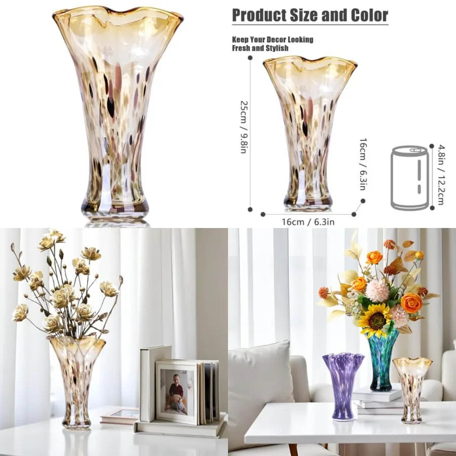 

9.8" Tall Hand Blown Glass Vases for Home Decor, Modern Wide Mouth Ruffle Flower Vase Table Centerpieces, Colored Coastal Sea G
