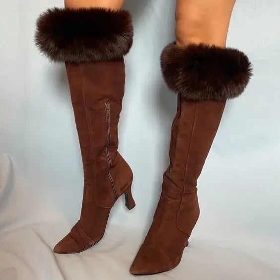 Brown Sexy Pointed Toe Suede Fur Boots Women Zip Knee High Thin High Heel Fashion Boots Design ROME Lady Shoes Fluffy Warm 2023