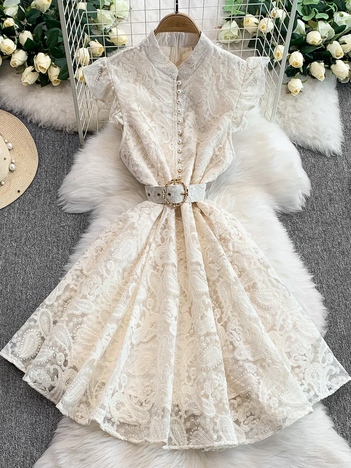 

Elegant Princess Lace Short Dress with Pearl Embroidery, Ruffle Trim for Summer Birthday Party