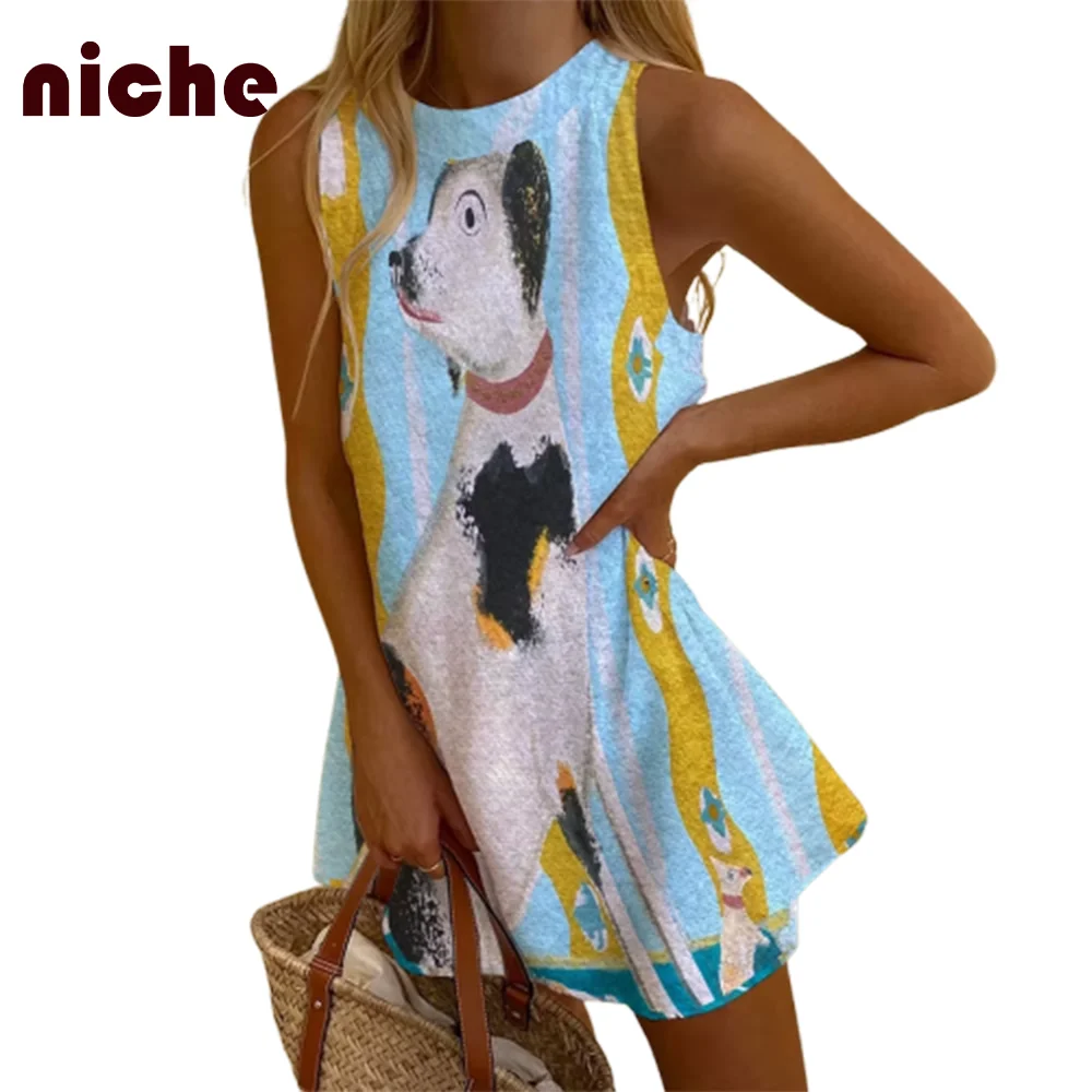 Cute Puppy Graphic Print Women Sleeveless Dress Chic High Quality Cotton And Linen Trend Fashion 2024 New Beach Skirt