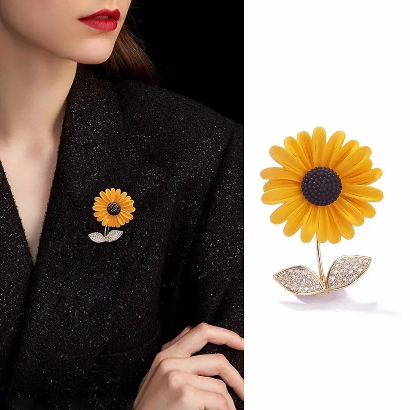 Broches de chandail de tournesol mignonnes pour femmes, accessoires d'épingle de manteau de fleur de haute qualité, corsage imbibé de luxe, ornement de bijoux d'encolure de présidence
