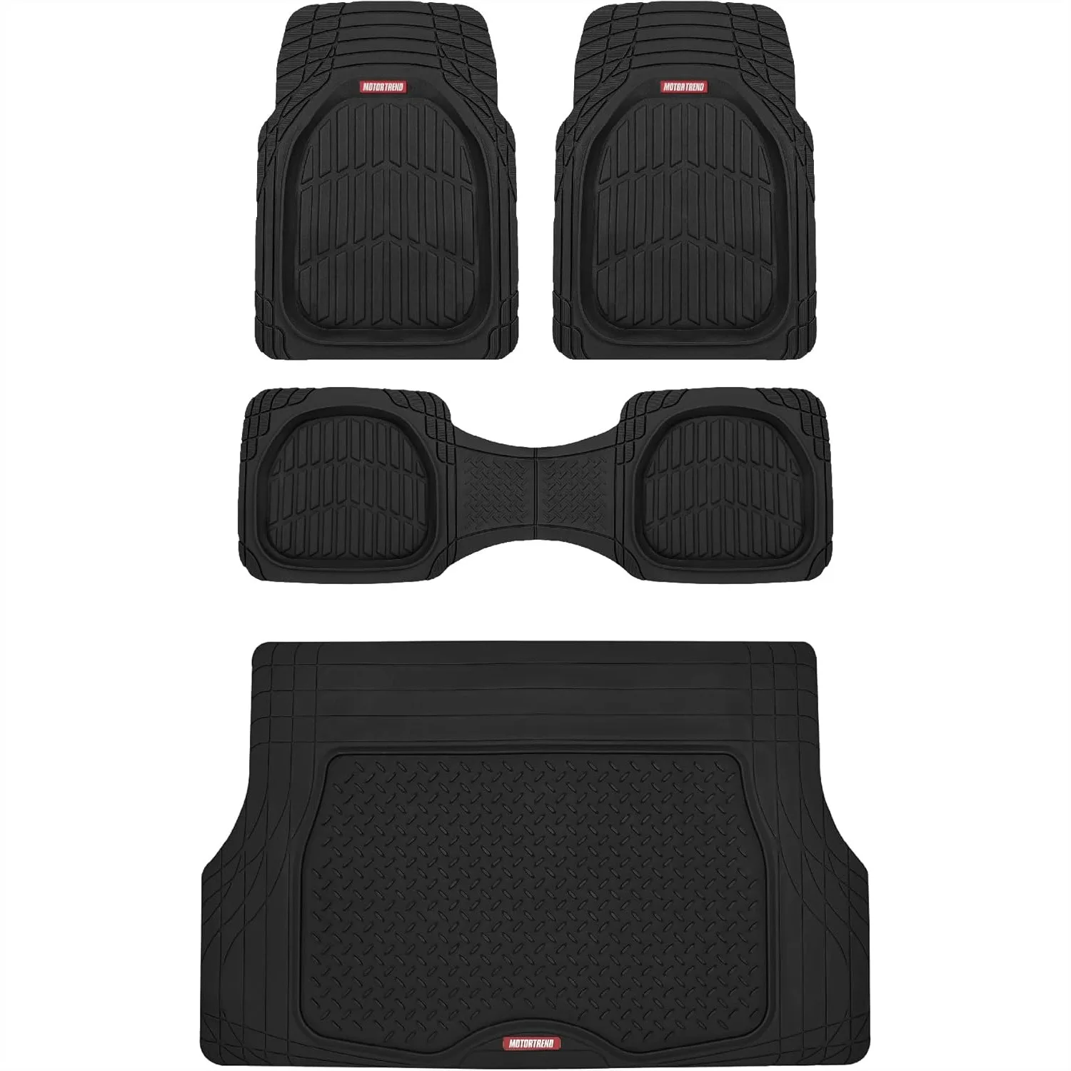 

Heavy Duty Floor Mats for Cars Trucks SUVs, All Weather Deep Dish Rubber Mats Full Set Front Rear Cargo Trim-to-Fit