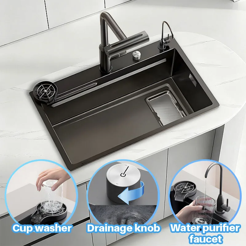 

Многофункциональный выдвижной смеситель-водопад, большая панель, сетка для сбора шлаков, утолщенная нержавеющая сталь 304, раковина большой емкости