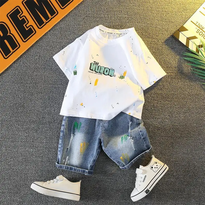 

Summer children's clothing set new boys' short sleeved thin T-shirt denim shorts 2-piece set