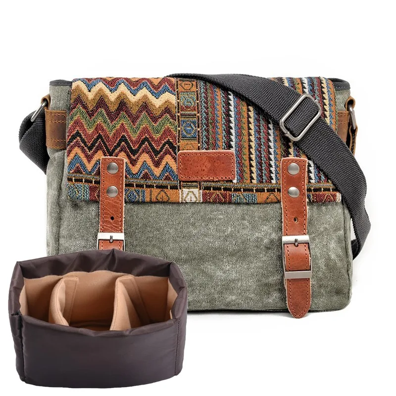 

Casual ethnic style SLR camera bag Removable interior camera bag Single shoulder crossbody bag Diagonal bag Small square bag