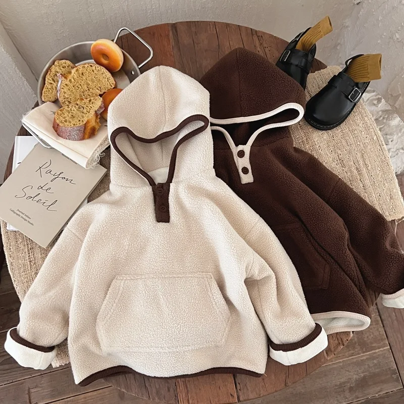 

Boys' Hooded Sweater Winter 2022 New Style for Small and Medium-sized Children Autumn and Winter Boys' Plush Top Warm Coat Trend