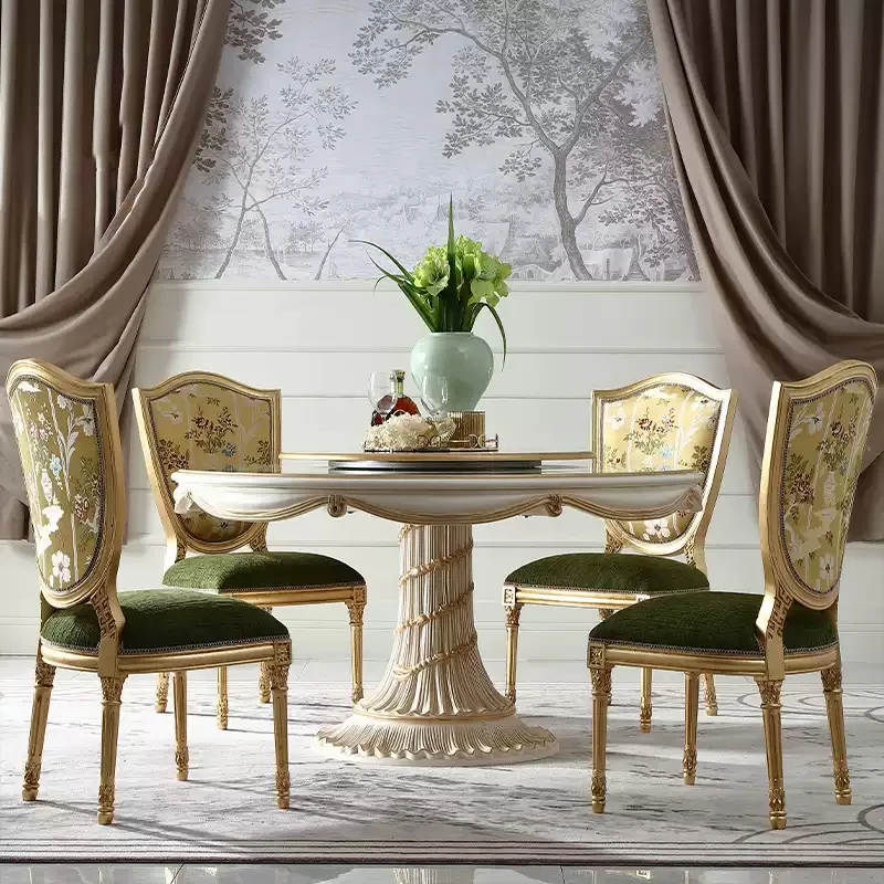 

!@RIKKASI Dining Room Furniture Designer Wood Dining Table Vintage Royal Solid Wood 6 Seaters Round Dining Table Rotatable