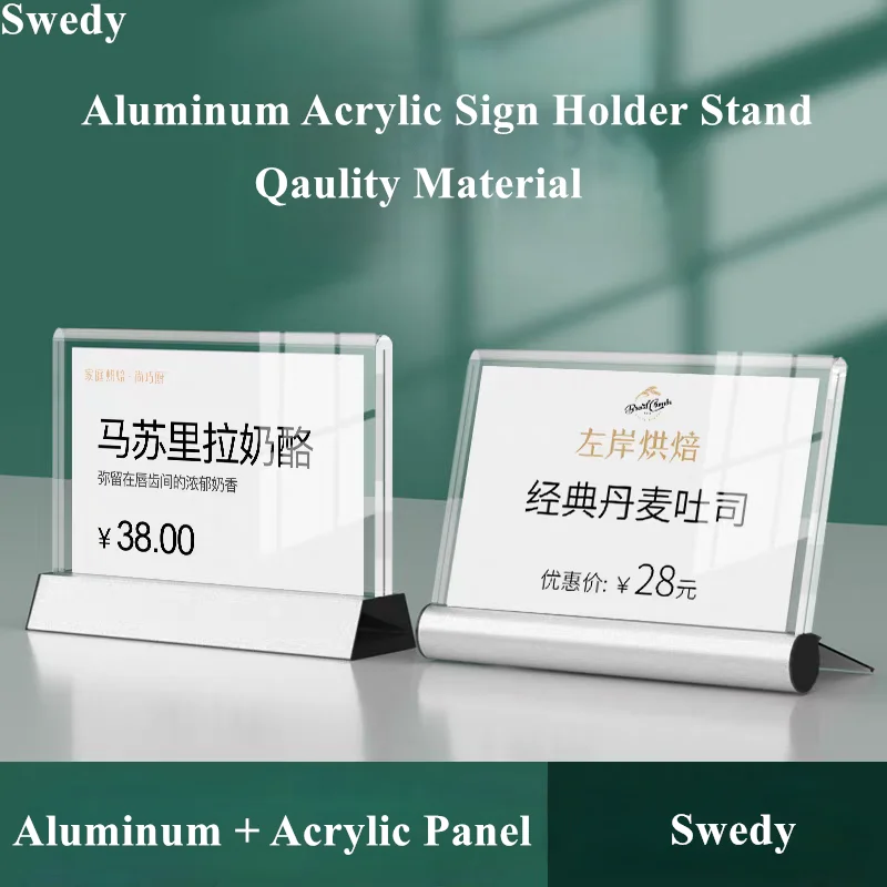 90x55mm / 100x70mm Aluminum Table Acrylic Sign Holder Display Stand Menu Price Label Paper Tags Table Number Card Stand