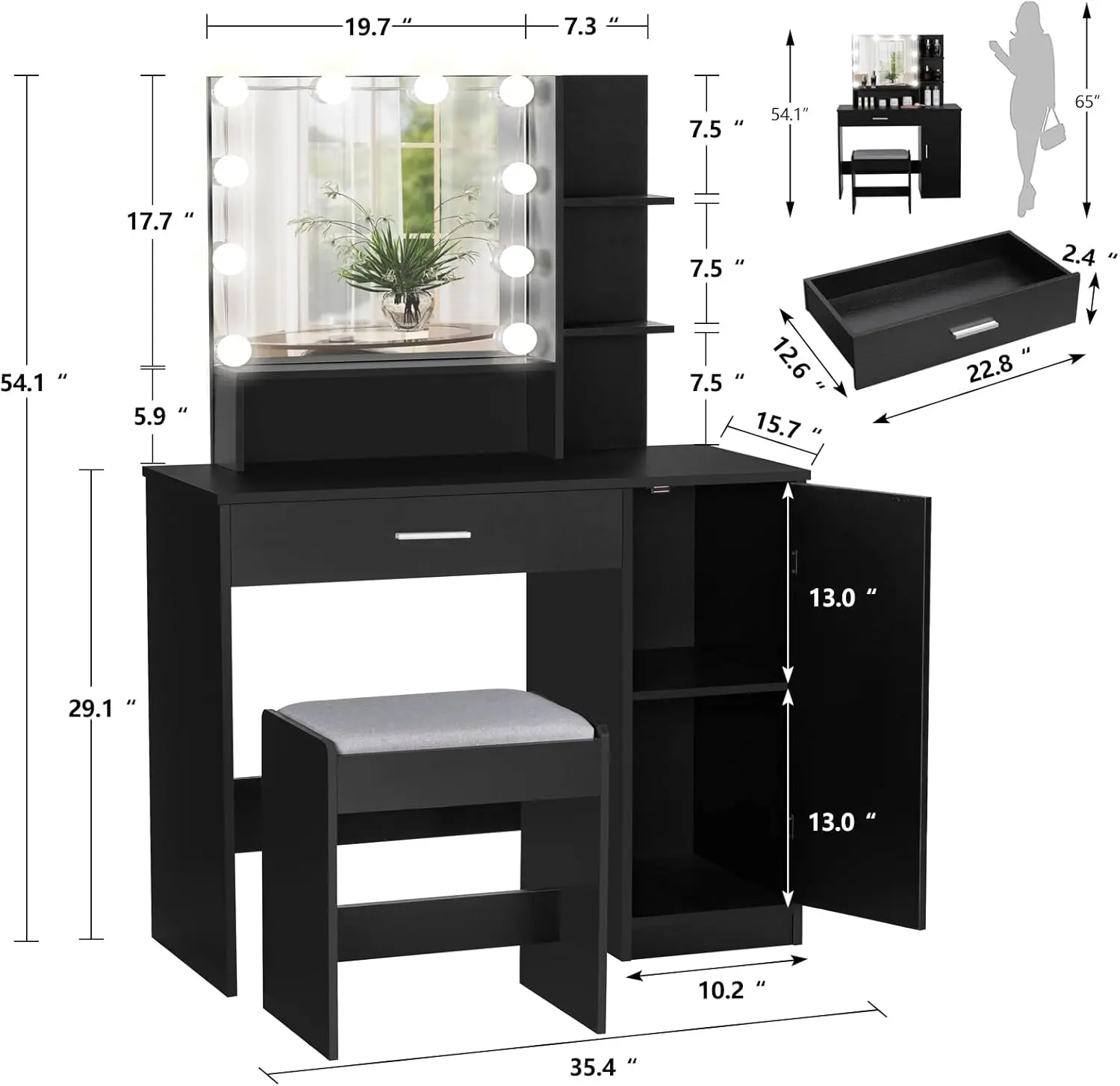 usikey Makeup Vanity Desk for Valentine's Day, Vanity Desk Set with 1 Drawer, 1 Cabinet & 3 Shelves, Makeup Vanity Table with St