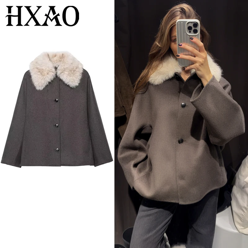 

HXAO Women's Jacket Oversize Fur Collar Jacket Bomber Wool Long Sleeve Top New In Coats & Jackets Lady Fashion Button Outerwears