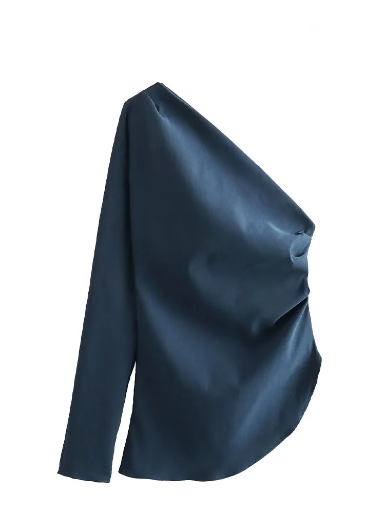 HH أزياء الخريف النسائية الصلبة 5 ألوان طيات غير متناظرة واحدة الكتف القمم الإناث تصميم غير رسمي الشعور مطوي الديكور