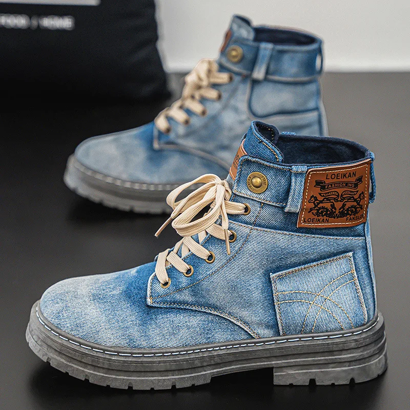 

2025 New Men's Denim Boots Big Size 48 Comfort Platform Work Boots Man Casual Boots Outdoor Blue Ankle Boots Men botas masculino