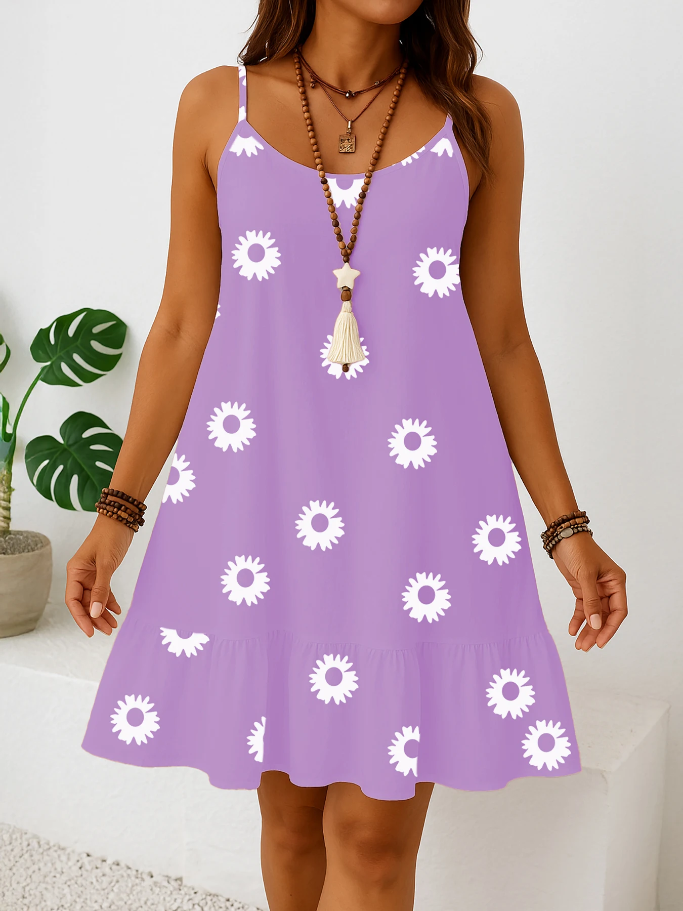 فستان نسائي مقاس كبير بدون أكمام بطبعة زهور، فستان شمسي بلون موحد مع حاشية مكشكشة، موضة صيفية كاجوال، خفيف الوزن و #6