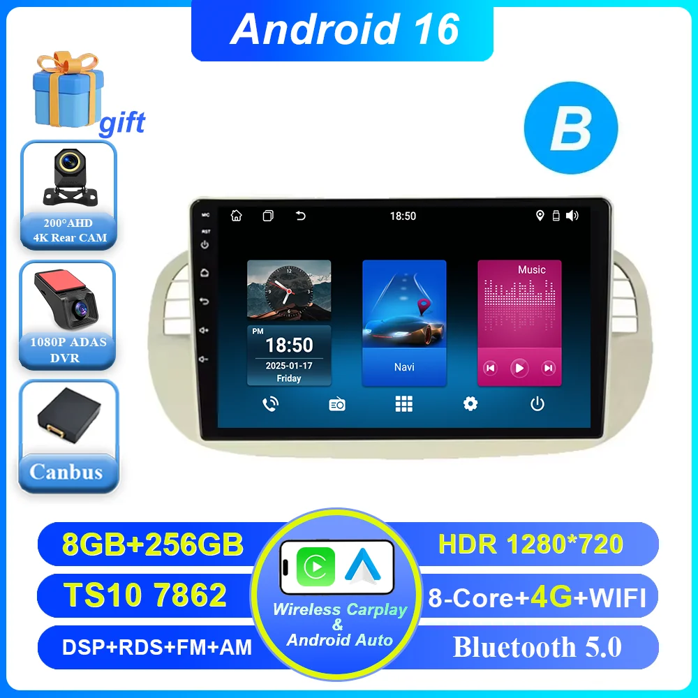 Auto DVD Android 16 Radio Stereo voor Fiat 500 2007-2015 Auto Multimedia Speler GPS Navigatie Hoofdunit Hoge-Prestatie CPU WIFI