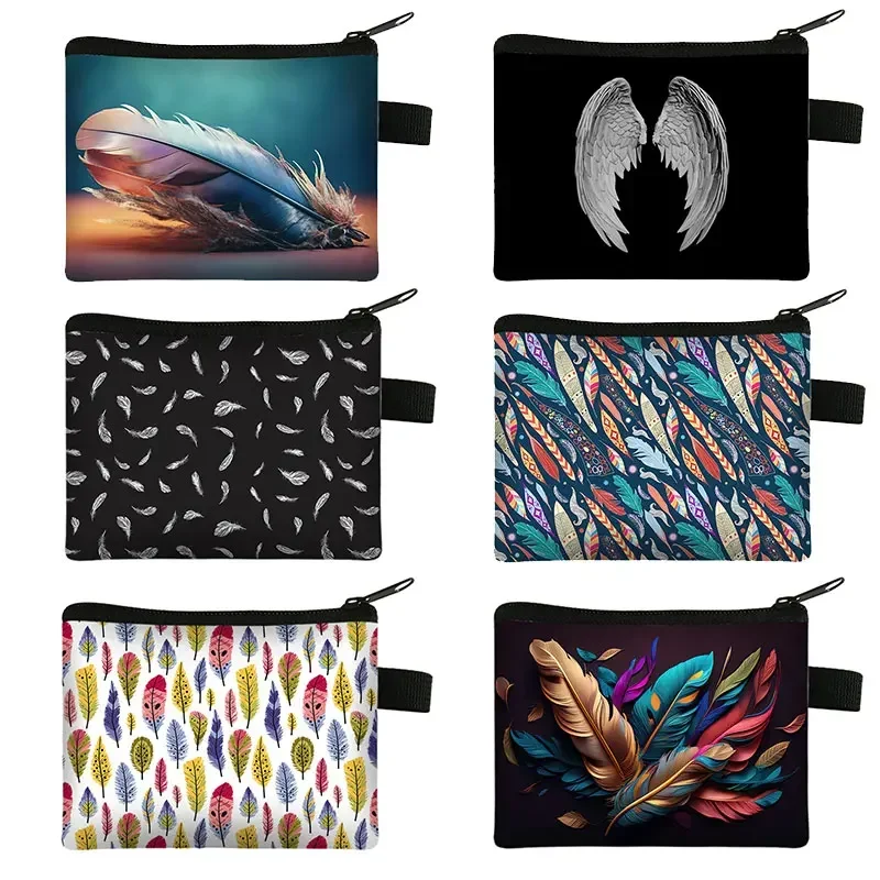 Bird Feather Print Coin Purse Women Cute Angel Wings Wallets Key ID Credit Card Holder Kids Money Bag Mini Coin Bags Gift