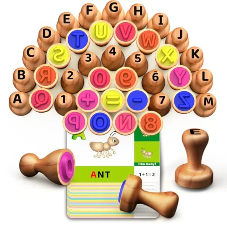 Wooden Alphabet and Number Stamps for,ential ABC 123 Learning Stampers for Ages 3-5, Montori Educational Preschool Homeschool M