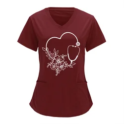 Women's Cat Ecg Printed Pocket Top, Short Sleeved V-Neck Top, Nurse Clothes, Nurse Tunic, Pet Store, Working Clothes, A50
