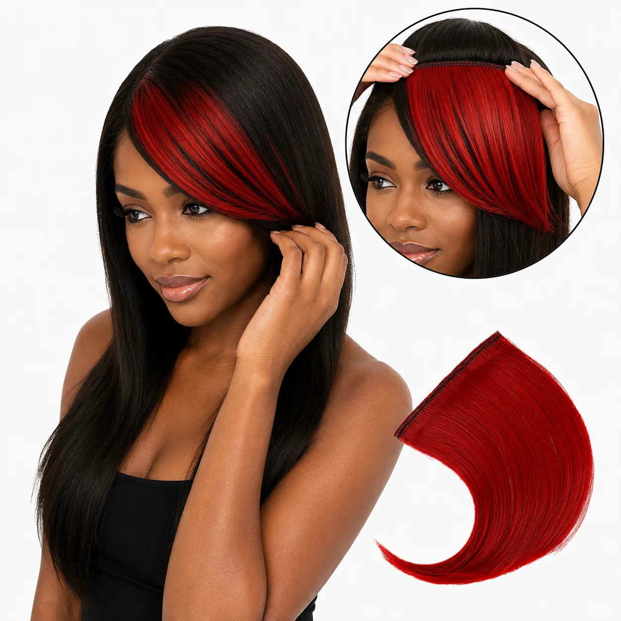Extensions de cheveux à clipser en fibre haute température, effet mat, 7g, avec frange colorée et mèches, pour femmes, usage quotidien et coiffures de fête