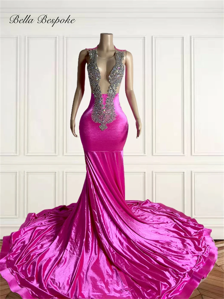 

Fuchsia O N Long Prom Dresses Bead Crystal Rhinestone Evening Dress Mermaid 2025 Birthday Luxury Dress Formal Gown Customized