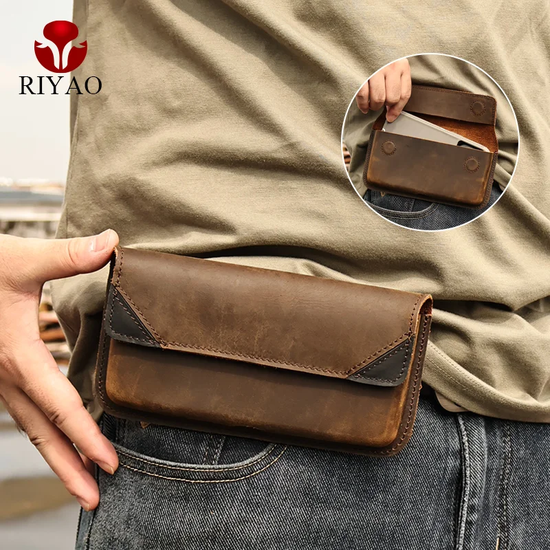 Genuine Leather Waist Bag for Men, Casual Flip Cover, Phone Holster Case with Belt Clip, Mobile Phone Pouch for iPhone 15, Samsu