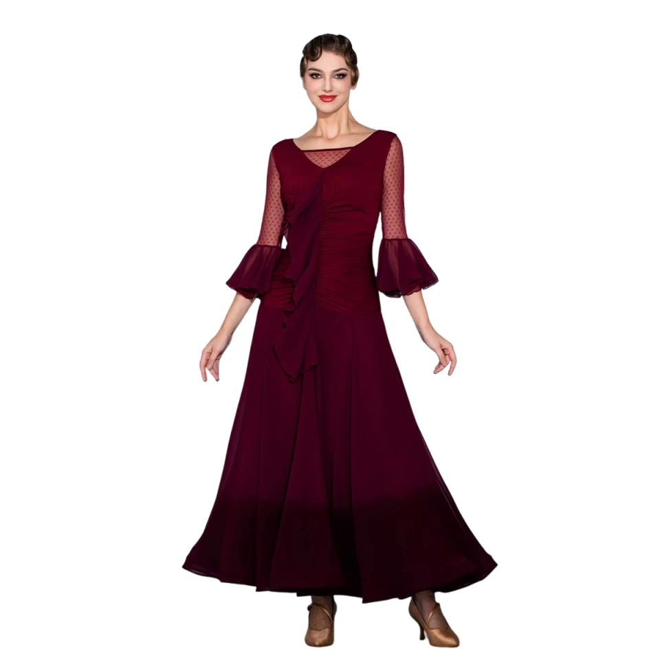 새로운 볼룸 댄스 대회 드레스 플로트 슬리브 여성 모던 댄스웨어 의상 스탠다드 왈츠 연습복