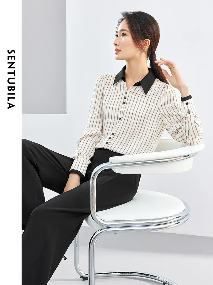 SENTUBILA Two Piece Women Sets Striped Casual Shirt Black Dress Pants 2024 Spring Autumm Commute Business Outfits 141Z53065