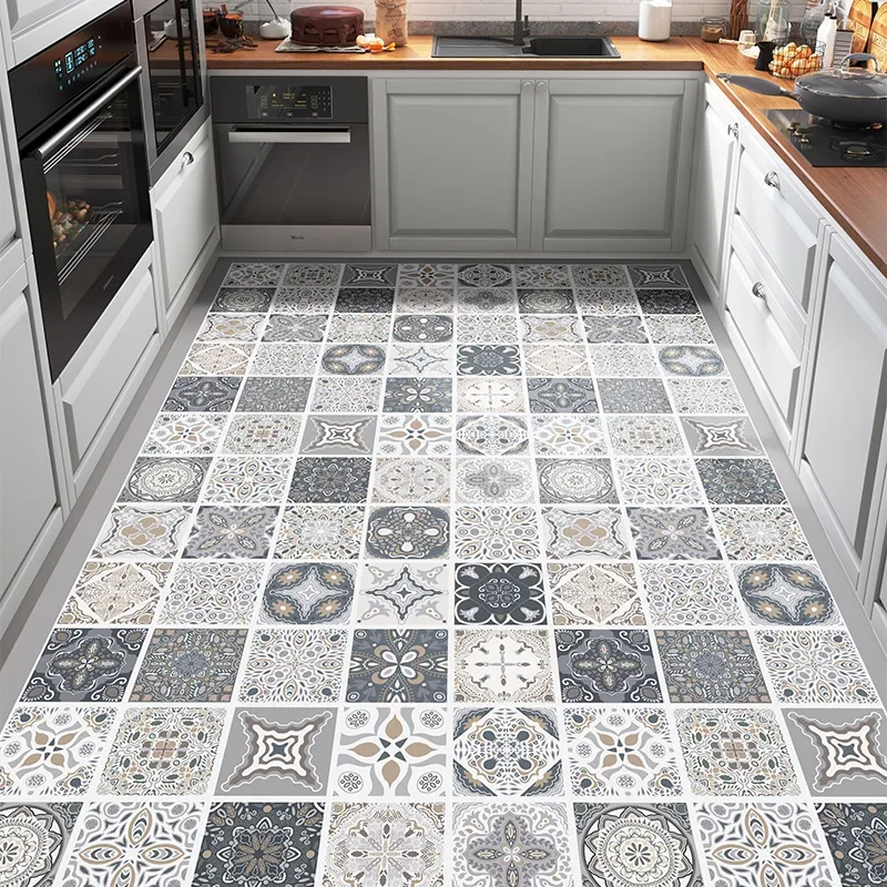 Waterproof Kitchen Carpet, PVC Mats, Non-slip Tile Pattern, Floor Mat, Leather Home Decoration, Vintage Bohemia Rug