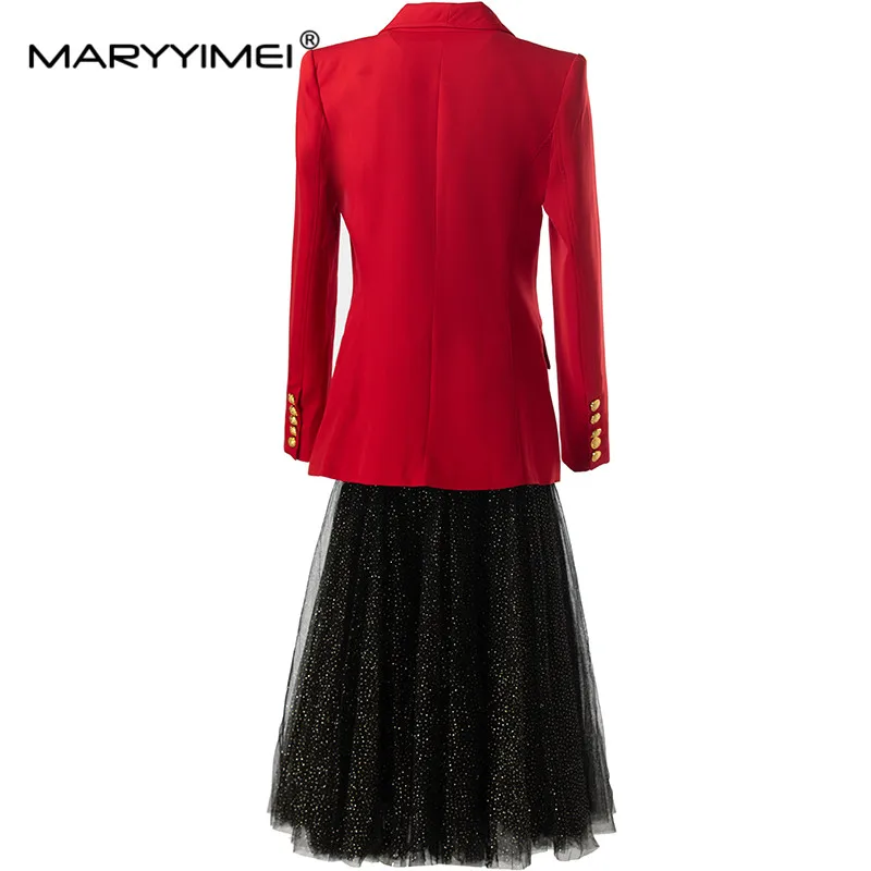 MARYYIMEI Spring Summer Women's Suit Long-Sleeved Double Breasted Solid Tops+Black Underlay skirt Elegant Two Piece Set