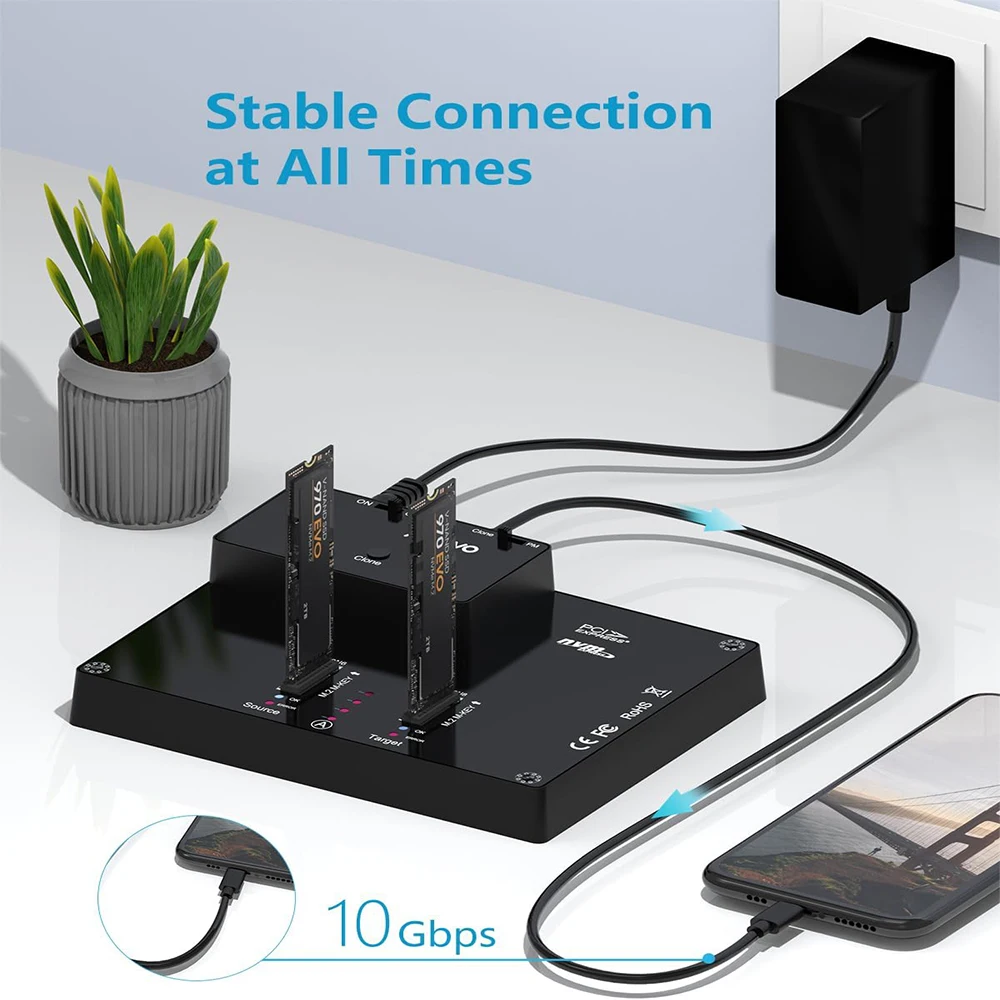 محطة إرساء MAIWO Dual-Bay M.2 NVME Type-C بسرعة 10 جيجابت في الثانية NVMe SSD مع استنساخ غير متصل ووظيفة نسخ النظام