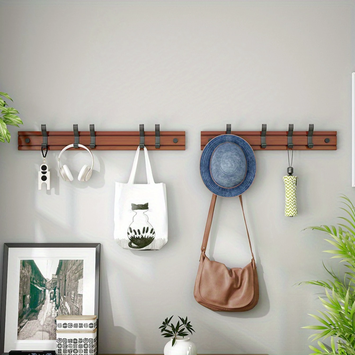 Bamboo Wood Shelf with Hook, Entry Key Holder, Wall Mounted Clothes Hangers for Foyer, Creative Door Hanging Organizer