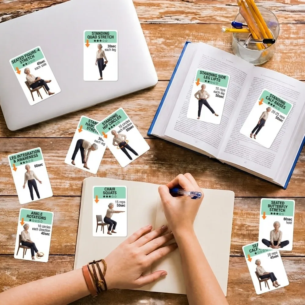 18Pcs Illustrated Step Move Guide Senior Standing Exercise Flashcards Elderly Standing Full Body Exercise Cards
