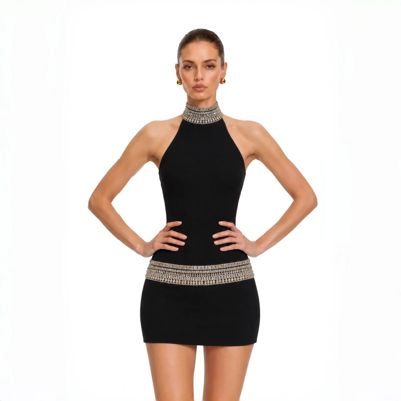 High Street Black Neck Hanging Sleeveless Dress Women's Sparkling Diamond Splicing Exposed Backpack Buttocks Small Black Dress