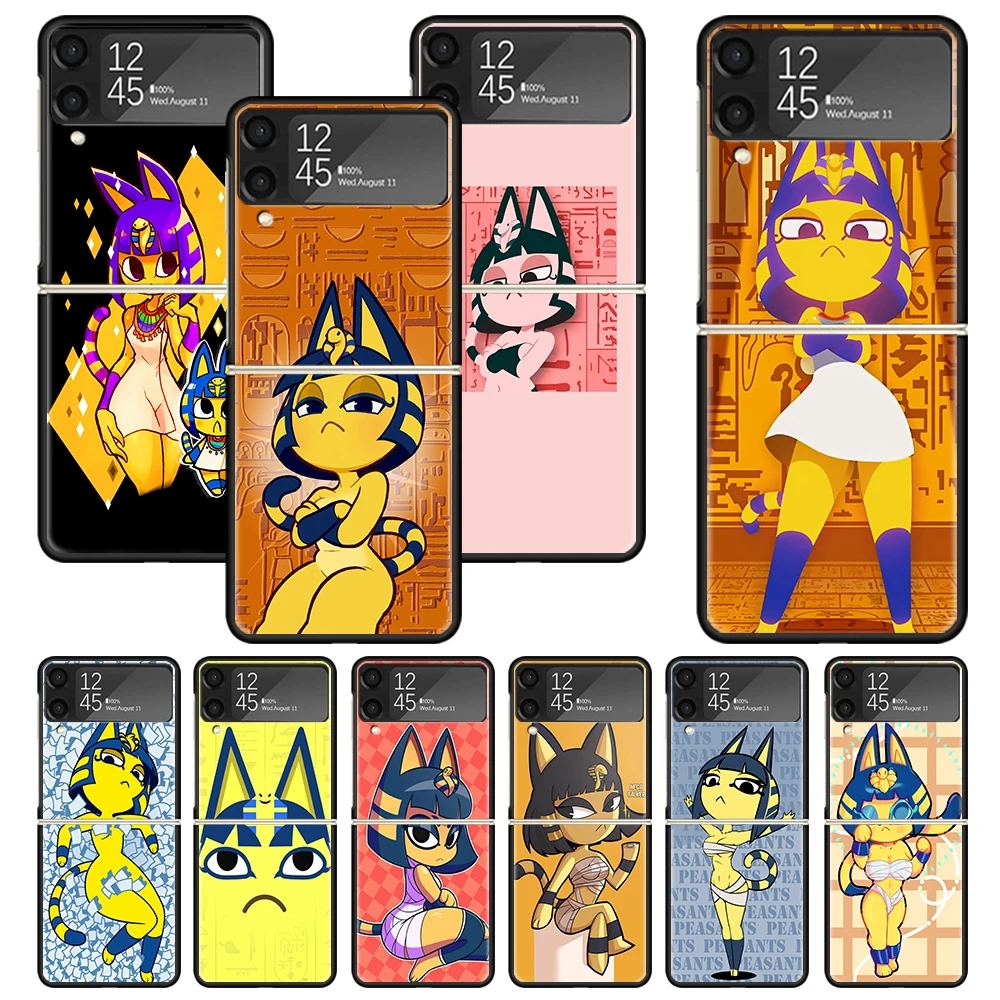 Cartoon Ankha Egypt Cat Print Case For Samsung Galaxy Z Flip 3 4 5 5G Black Hard Cell Phone Shell ZFlip3 Flip4 Flip5 Pattern