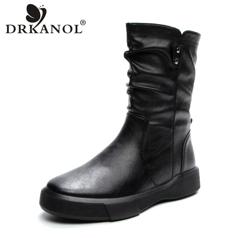 

DRKANOL 2024 Fashion Women Boots Autumn Winter Plush Warm Round Toe Pleated Side Zipper Leather Casual Flat Heel Mid Calf Boots