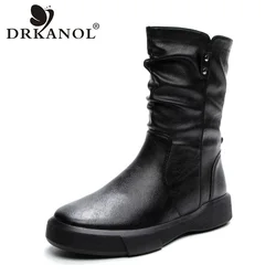 DRKANOL 2024 Fashion Women Boots Autumn Winter Plush Warm Round Toe Pleated Side Zipper Leather Casual Flat Heel Mid Calf Boots