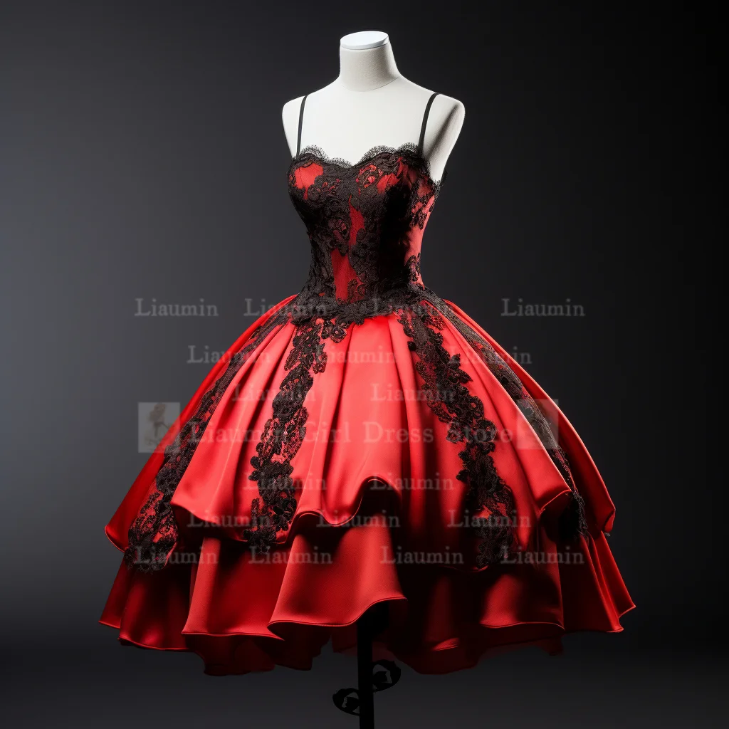 New Red Satin and Black Lace Edge Applique Strapless Short Length Lace Up Back Evening Dress Brithday Homecoming Clothing W1-23