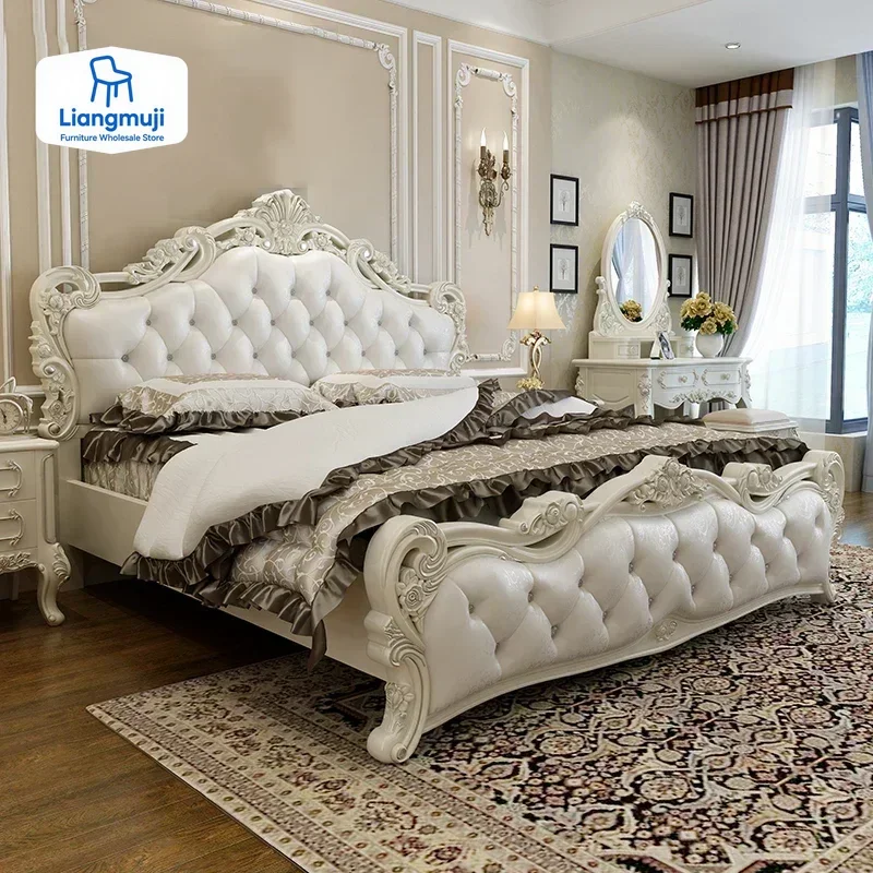 

Lazy European Double Bed White Villa Glamorous Wood Luxury Twin Bed Frame Headboard Design House Cama Entrance Hall Furniture