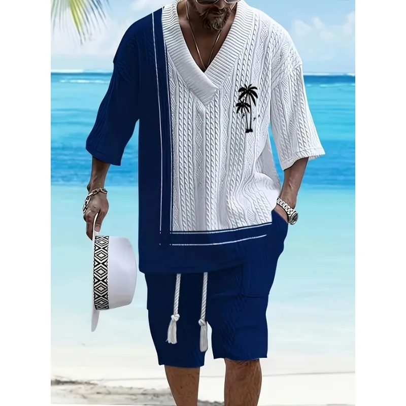 Men's White & Navy Blue Contrast Coconut Tree Print 2-Piece Beach Casual Set