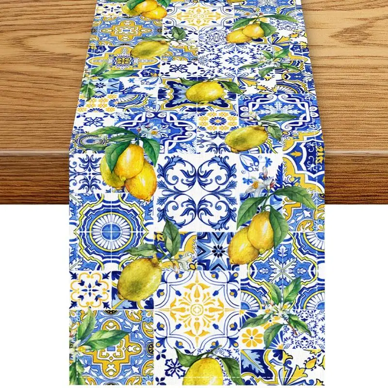 Summer Lemon Flowers Blue Tile Print Linen Table Runner Home Decor Mediterranean Style Kitchen Dining Table Runners Party Decor