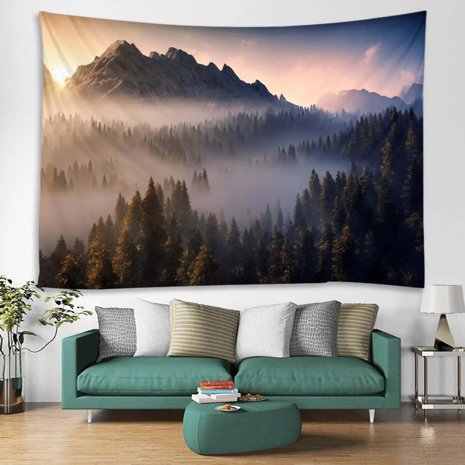 Aesthetic Mountain Forest Tapestry Wall Hanging Nature Landscape Misty Sunrise Pine Tree Decoration Polyester Art Print