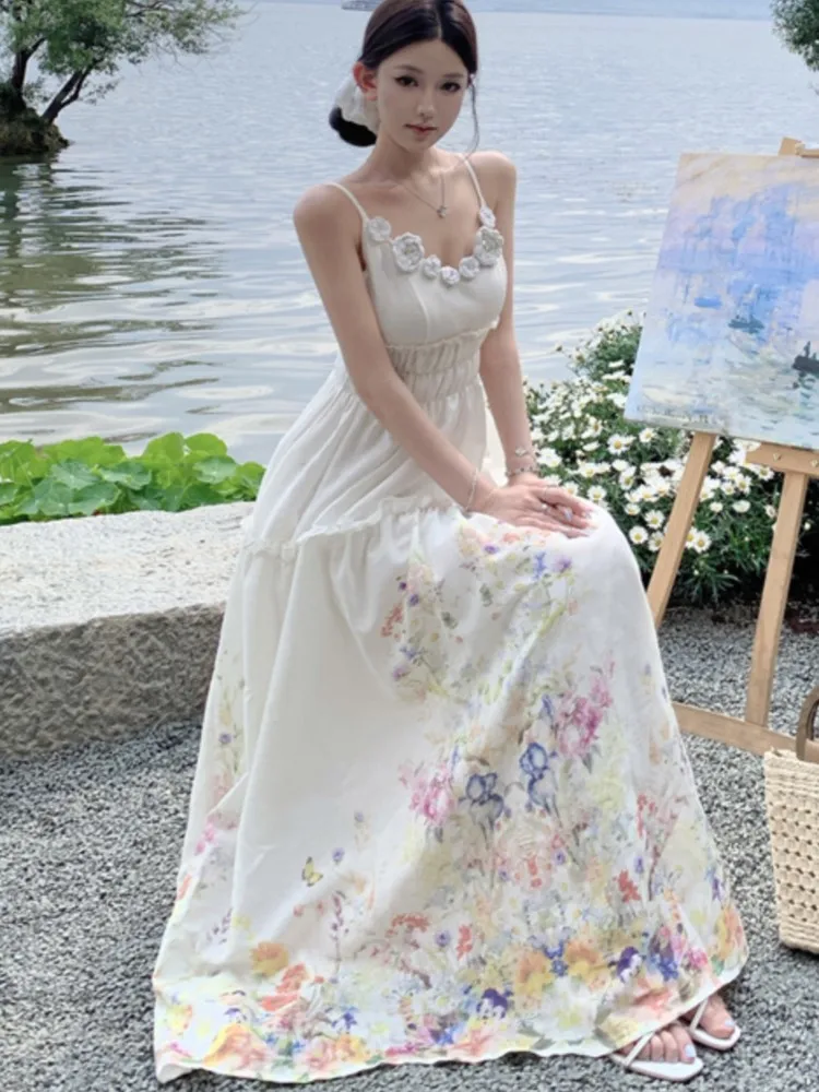 ผู้หญิงปาร์ตี้วันหยุดฤดูร้อนชุดยาวสง่างามสายรัดปาเก็ตตี้เก๋แขนกุดพิมพ์ลายดอกไม้วินเทจเดรสวันหยุดชายหาดโบโฮ