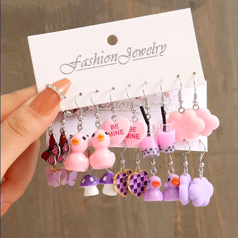 Pink Cartoon Duck Earrings Set Cute Animal Butterfly Heart Dangle Earrings For Women Girls Geometric Earring Trendy Jewelry Gift