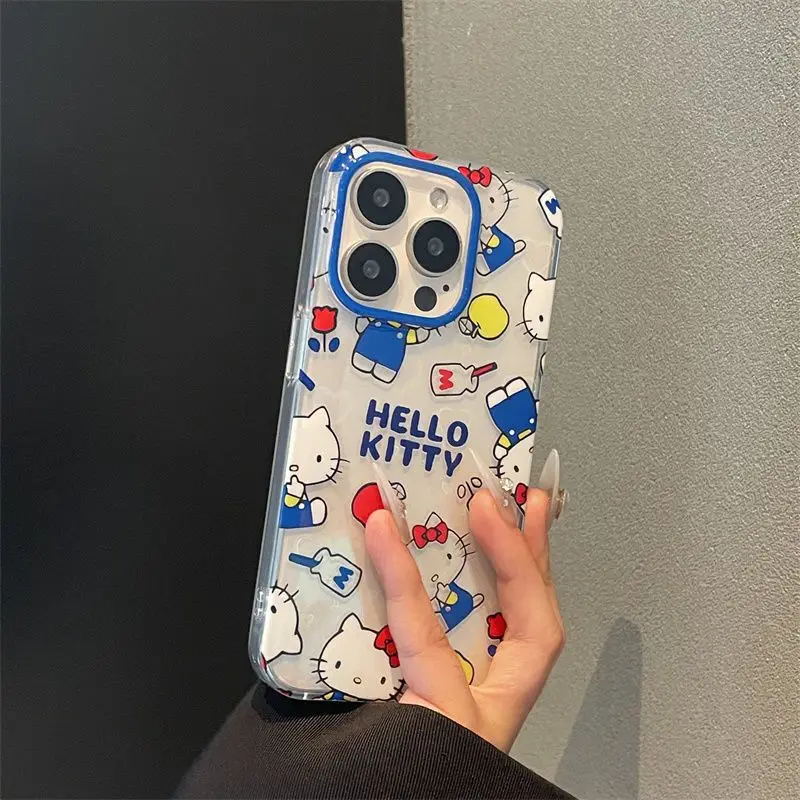 Sanrio Hello Kitty Bow Mirror Blue KT Milk Phone Case For iPhone 15 14 13 12 11 Pro Max XR XS MAX 7 8 Plus MINI Y2K Laser Cover