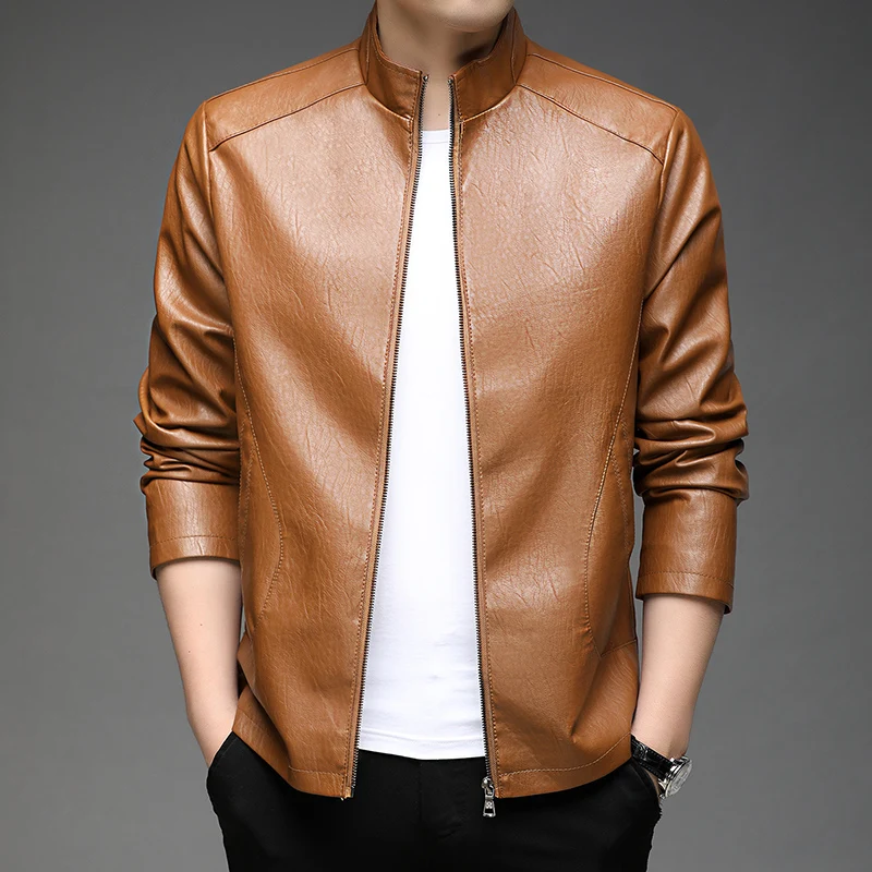 Top Grade New Brand Designer Casual Fashion Brown Classic Faux Pu Fashion Leather Jacket Men Moto Coats Mens Clothing 2023