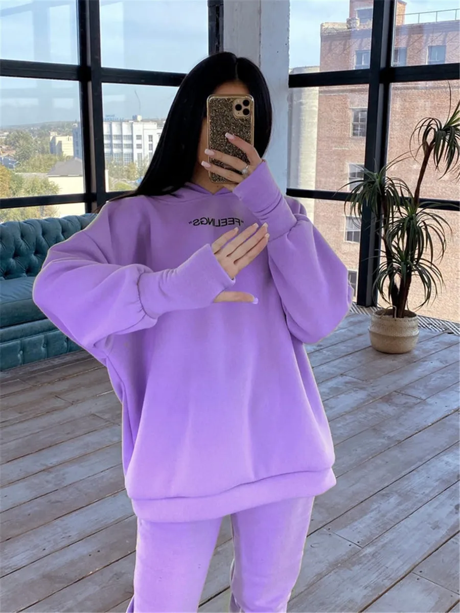 2022 Women\'s Two Piece Sets Tracksuit Autumn Casual Solid Long Sleeve Hoodie Sweatshirts Female Fashion Oversized Trouser Suits