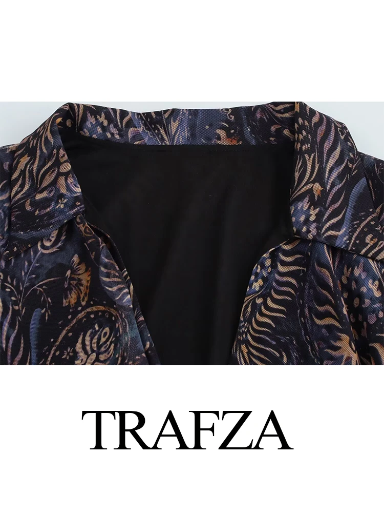 TRAFZA Damska zimowa nowa moda Vintage V-neck z nadrukiem Tiulowa koszula z długim rękawem Kobieca elegancka plisowana bluzka High Street Casual