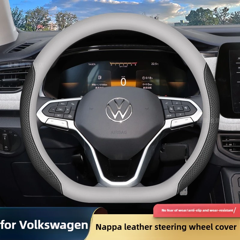 

Leather Car Steering Wheel Cover for Volkswagen Tiguan T-roc T-cross Tayron Polo Id4 Caddy Atlas Crafter Virtus 2025 Accessories