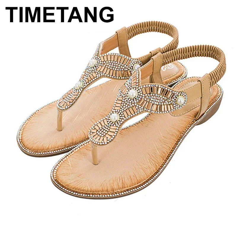 TIMETANGSummer women ladies flat summer ethnic chain pearl sandals beach casual silver shoes zapatos de mujer tacon rosa